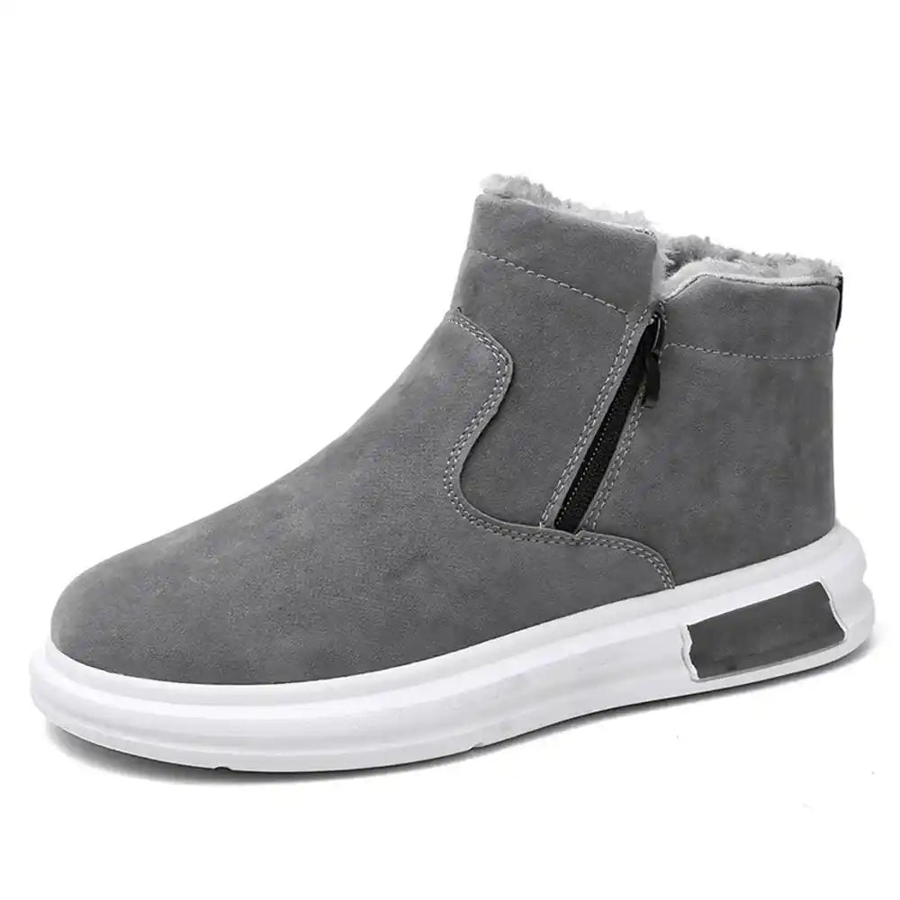 Taupe fleece-lined winter ankle boots showing multiple views, insoles, and textured soles