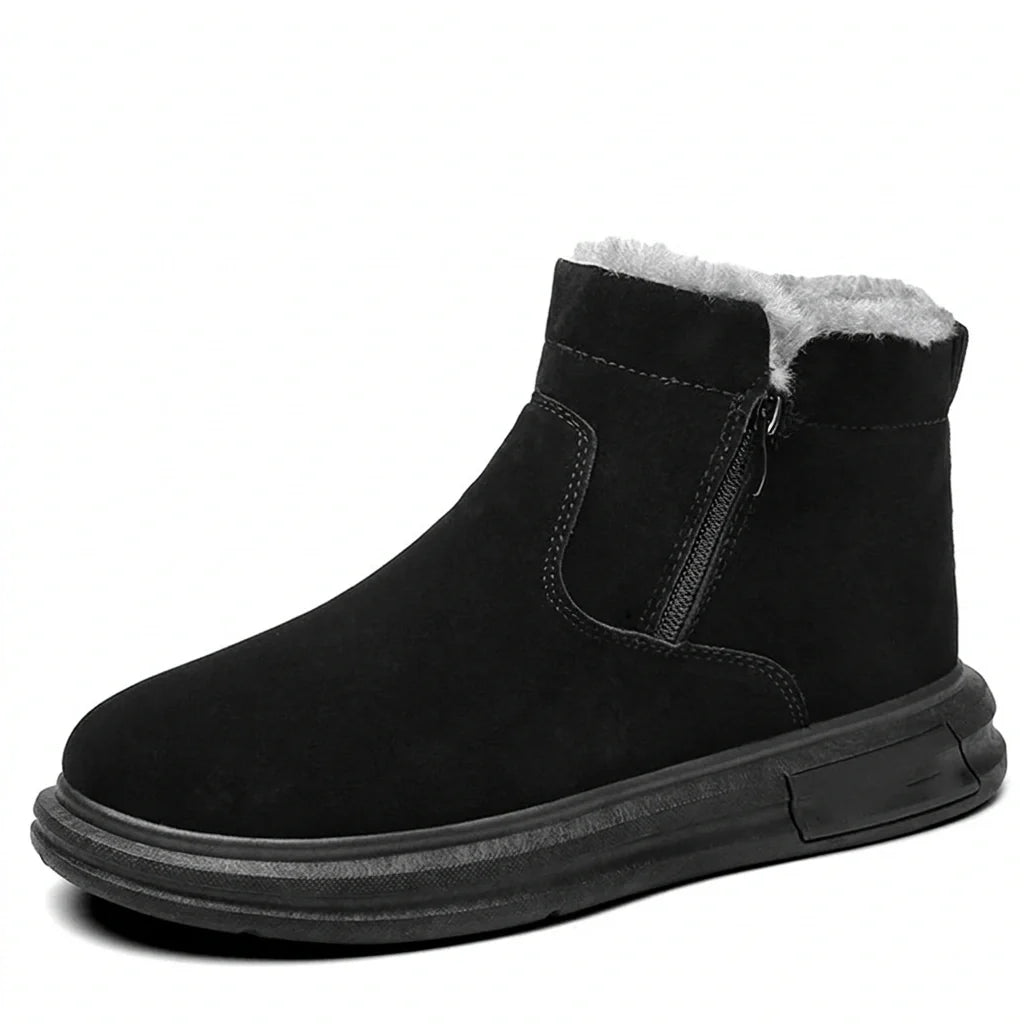 Black fleece-lined winter ankle boot with arch support, a wide toe box, and cushioned sole