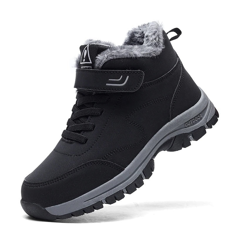 Black fleece-lined winter hiker boot with a hook-and-loop strap and anti-slip sole, product view