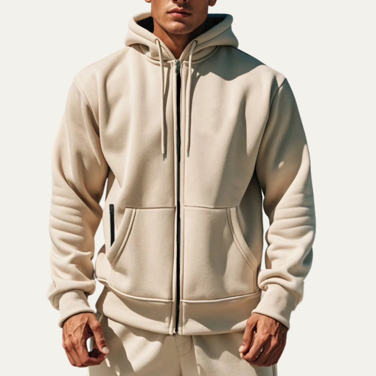 Beige fleece zip-up hoodie for men with a secure pocket, drawstring hood, long sleeves, and relaxed fit