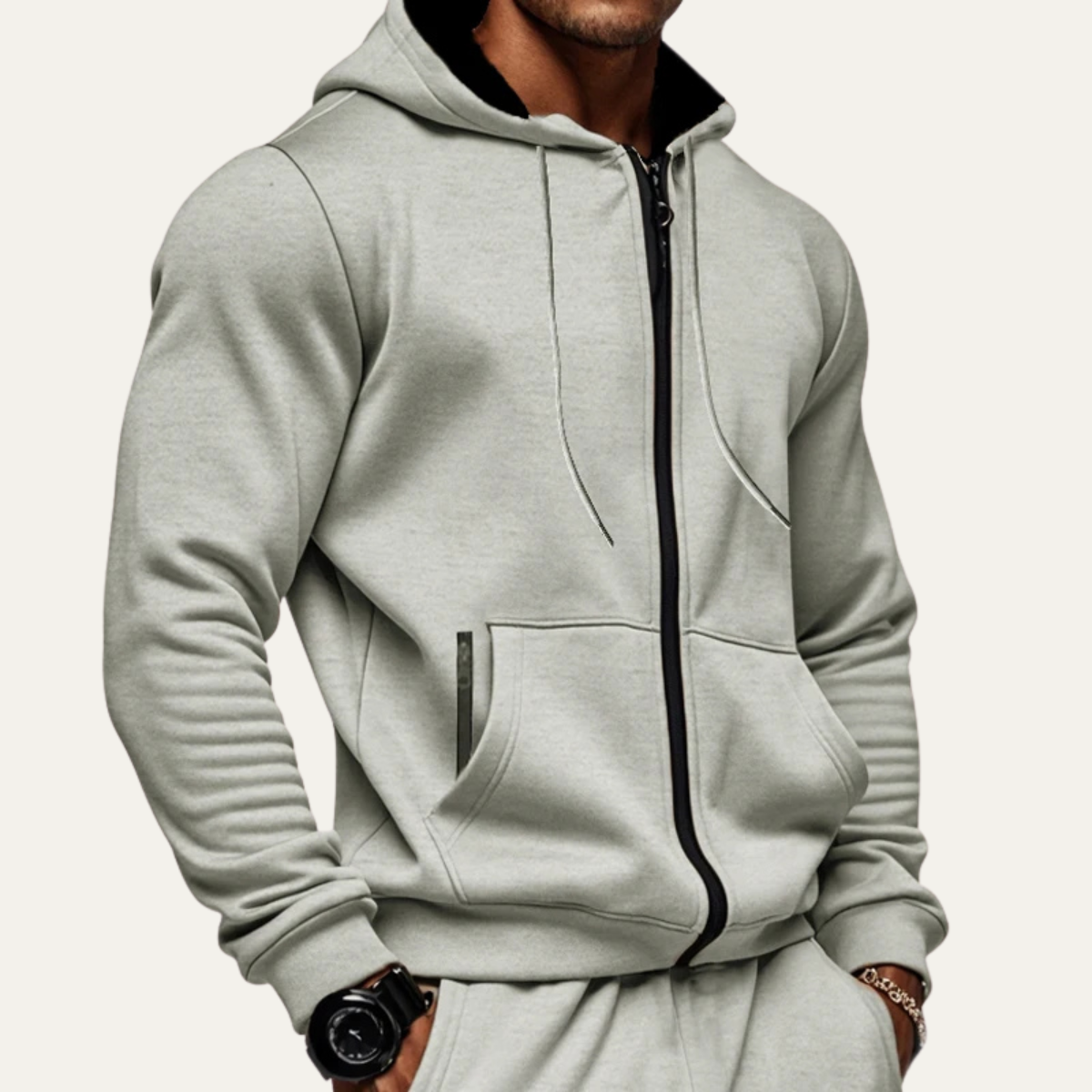 Light Gray fleece zip-up hoodie for men with a secure pocket, drawstring hood, long sleeves, and relaxed fit