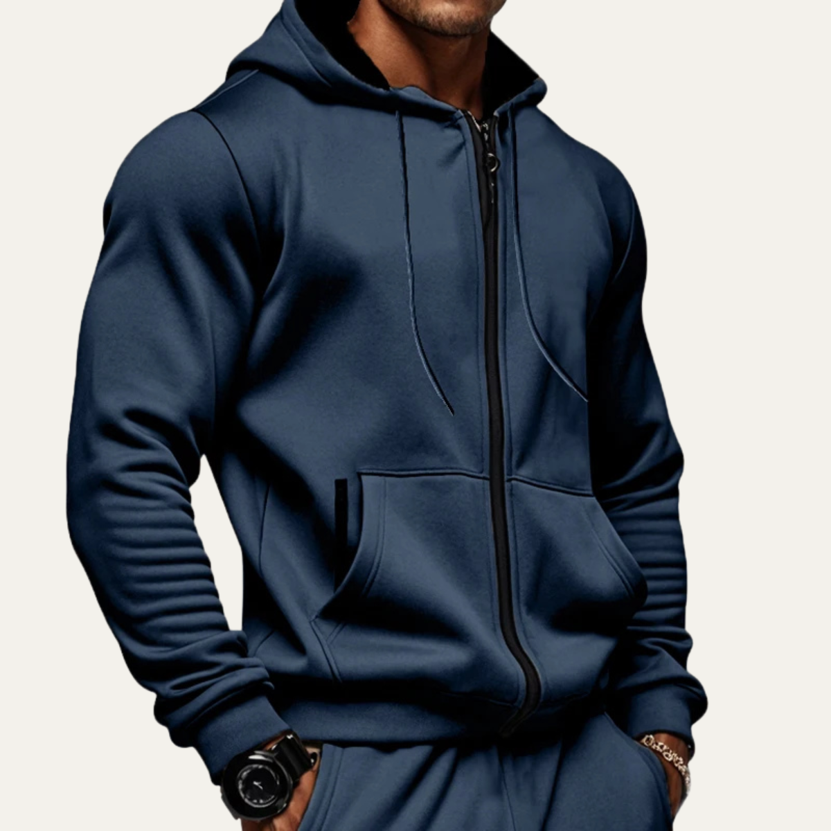 Navy Blue fleece zip-up hoodie for men with a secure pocket, drawstring hood, long sleeves, and relaxed fit