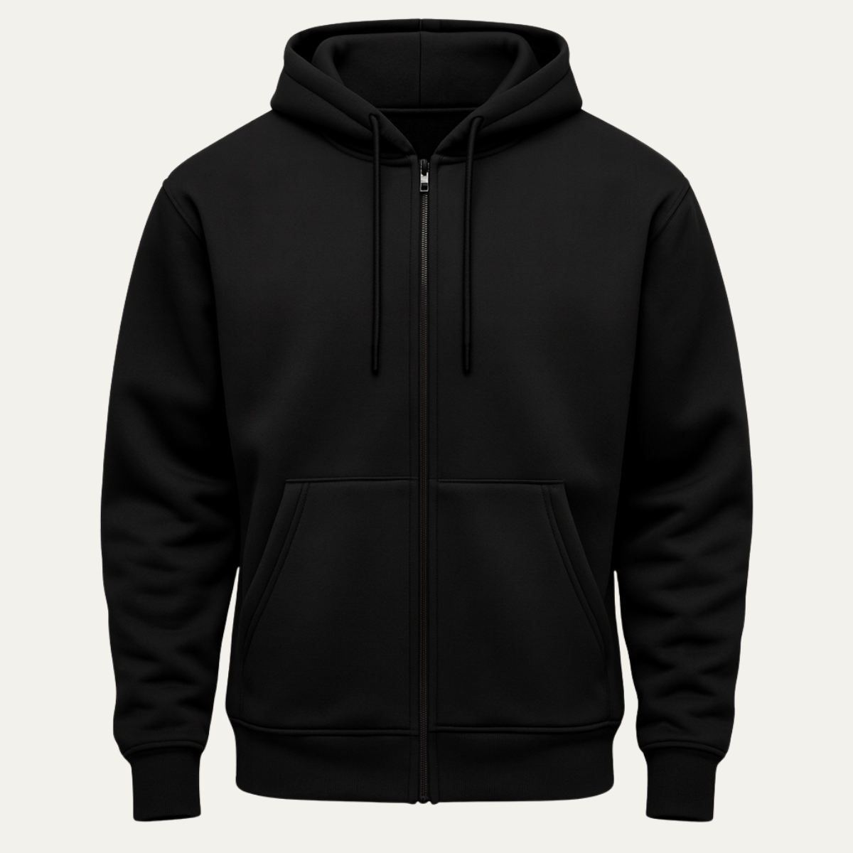 Black fleece zip-up hoodie for men with a secure pocket, drawstring hood, long sleeves, and relaxed fit