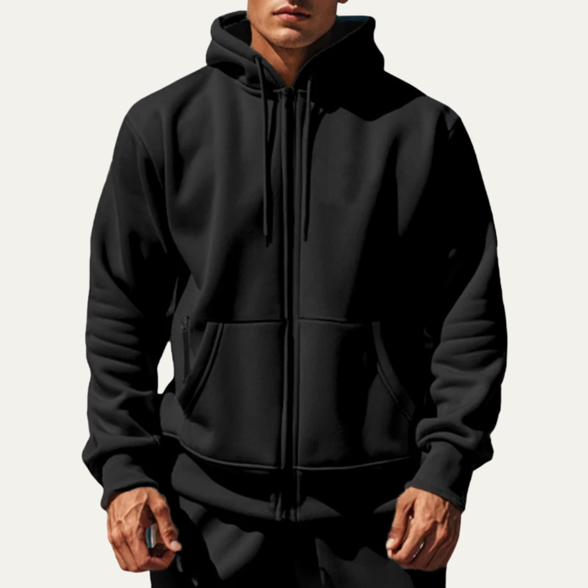 Black fleece zip-up hoodie for men with a secure pocket, drawstring hood, long sleeves, and ribbed cuffs and hem