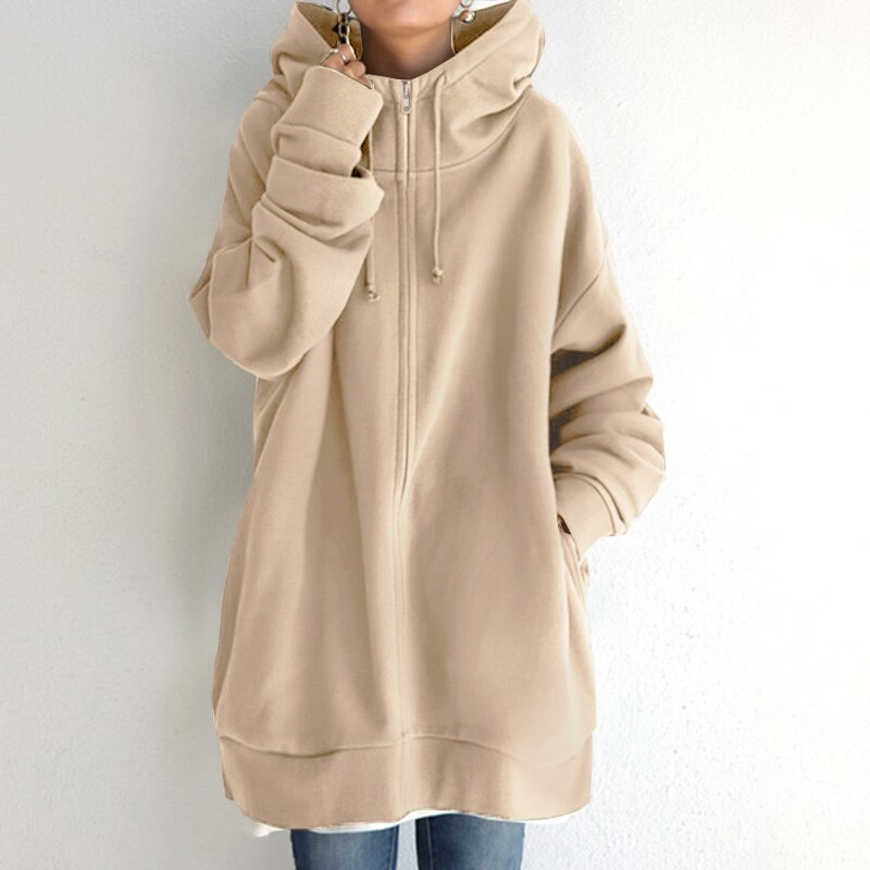 Beige longline oversized drop shoulder fleece zip-up hoodie worn by a model, front view