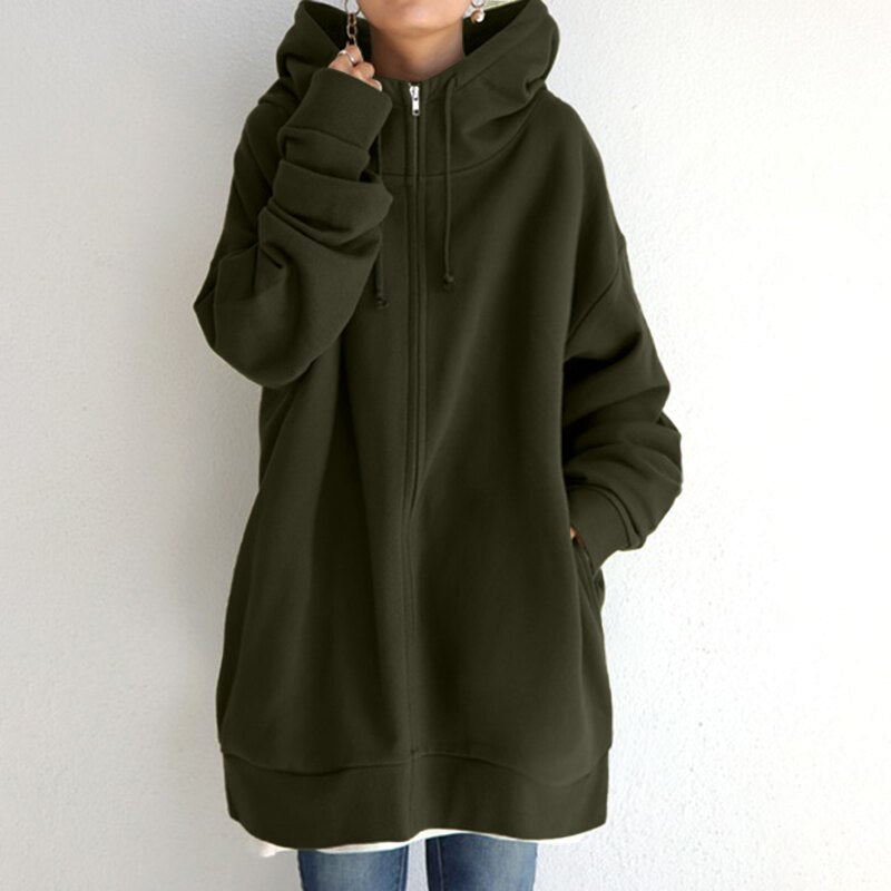 Olive Green longline oversized drop shoulder fleece zip-up hoodie worn by a model, front view