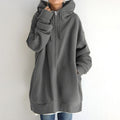 Gray longline oversized drop shoulder fleece zip-up hoodie with a hood, long sleeves, and relaxed fit