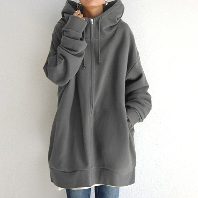 Gray longline oversized drop shoulder fleece zip-up hoodie with a hood, long sleeves, and relaxed fit