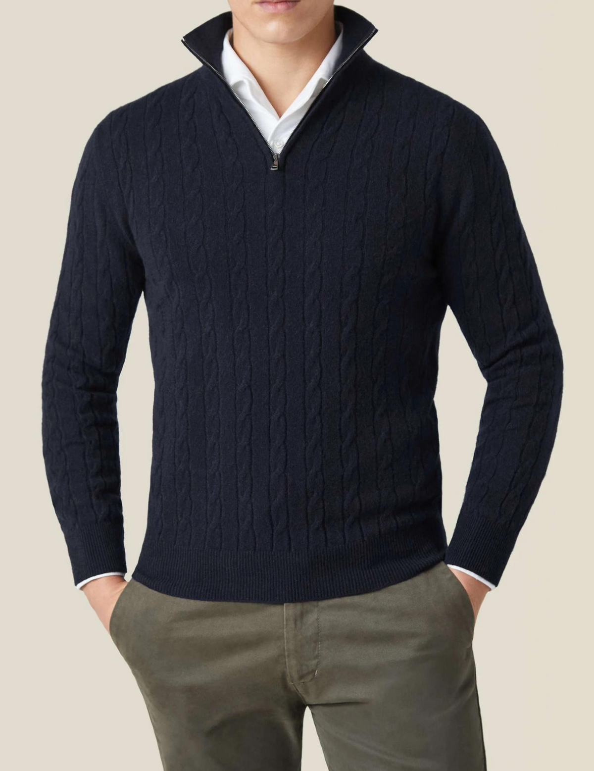 Dark Blue cable knit V-neck sweater shown on a male model, featuring long sleeves and ribbed hem