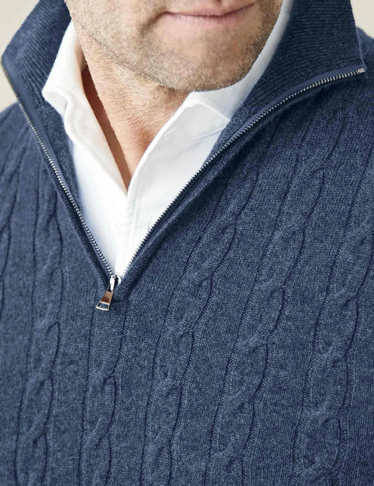 Dark Blue cable knit V-neck sweater close-up showing the textured knit pattern and white shirt collar