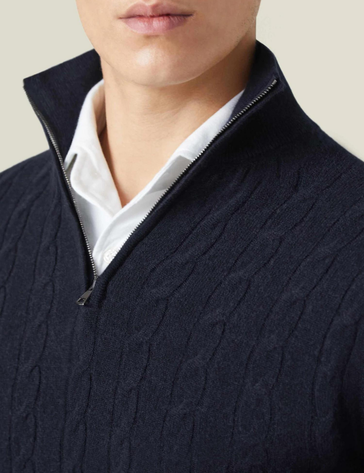 Dark Blue cable knit V-neck sweater close-up showing the textured knit pattern and layered white collared shirt