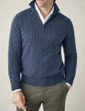 Dark Blue cable knit V-neck sweater with white collared shirt, long sleeves, and ribbed hem