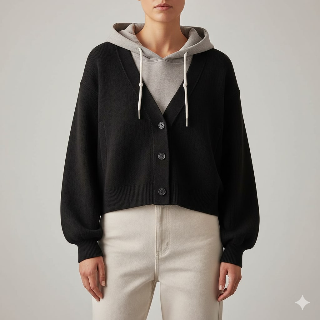 Marissa Women’s Cropped Cardigan – Puff Sleeve Hooded Cardigan
