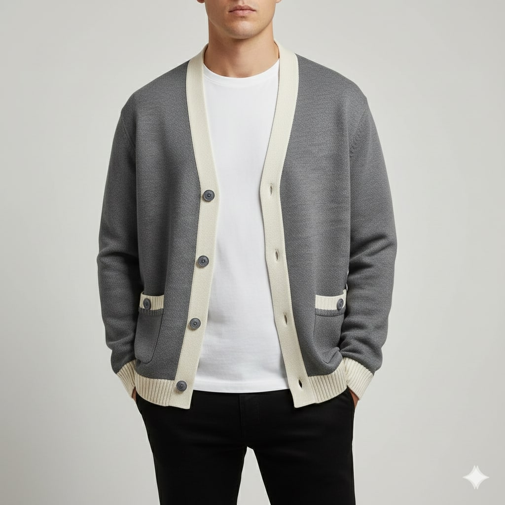 Holand Men’s Cardigan – Two-Tone Button Placket Knitted Cardigan