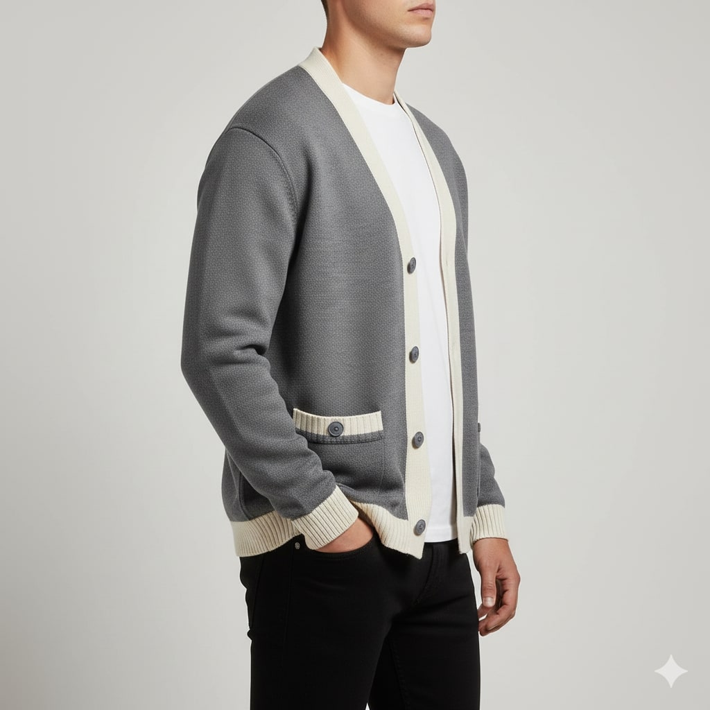Holand Men’s Cardigan – Two-Tone Button Placket Knitted Cardigan