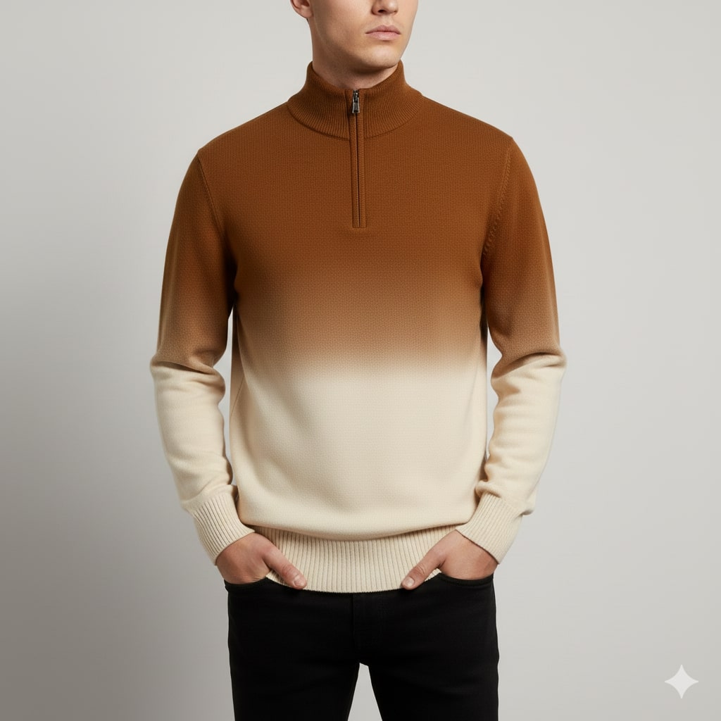Akhie Men’s Wool Pullover – Gradient Ombre Quarter-Zip Sweater