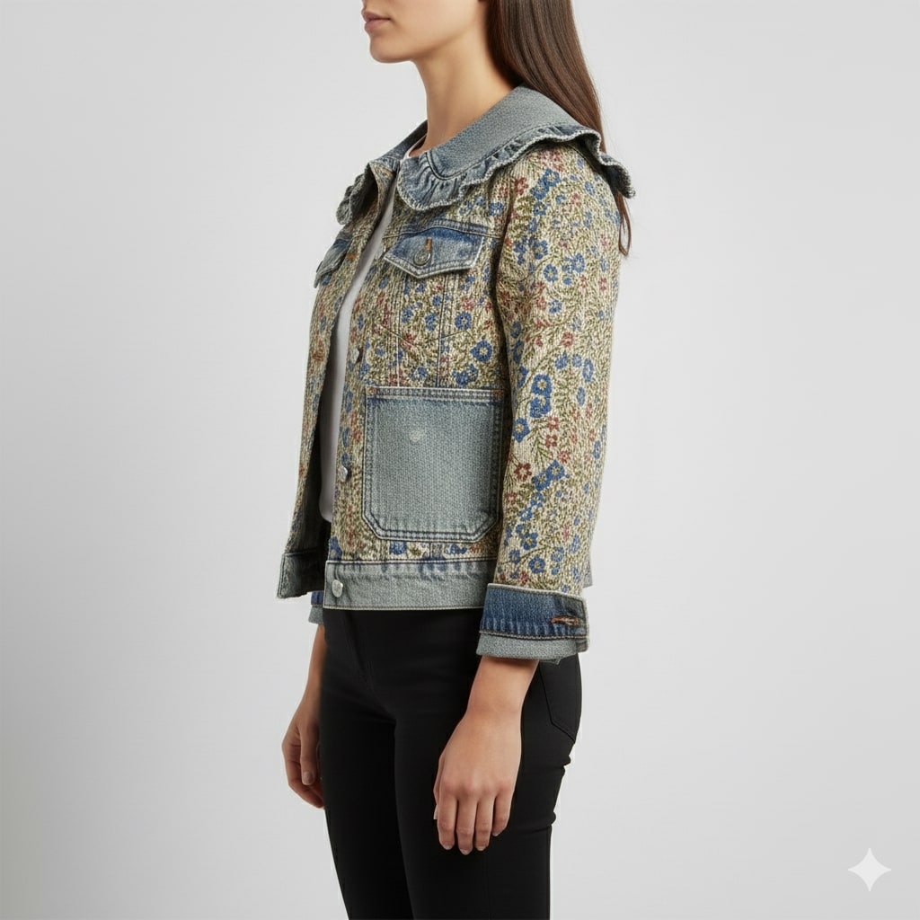 Maribel Women’s Jacquard Denim Jacket – Floral Textured Lightweight Cropped Jacket