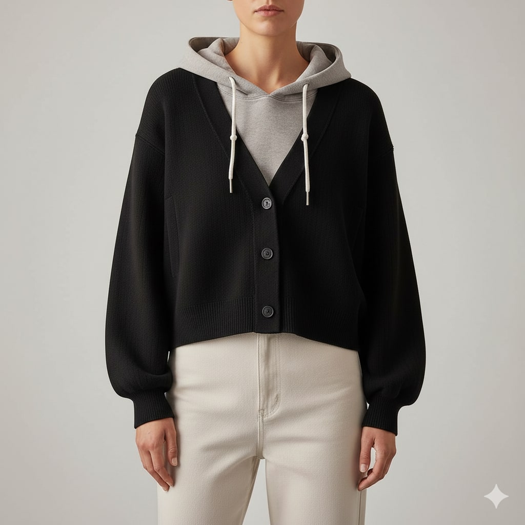 Marissa Women’s Cropped Cardigan – Puff Sleeve Hooded Cardigan