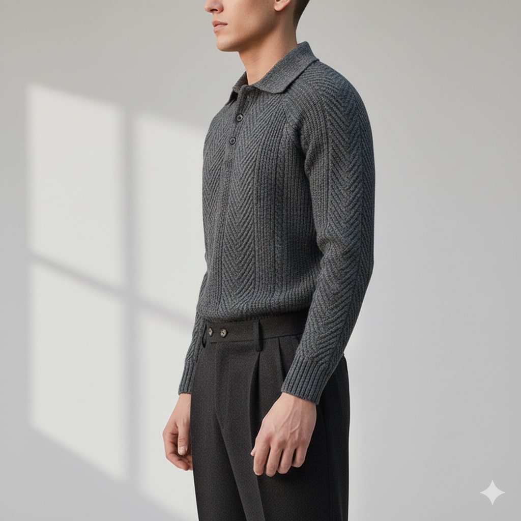 Darwin Men’s Knit Polo Sweater – Wool-Blend Cable Knit Pullover