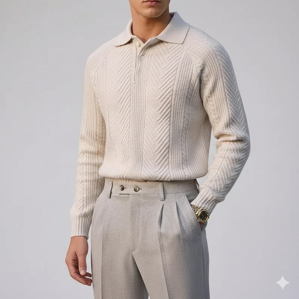 Darwin Men’s Knit Polo Sweater – Wool-Blend Cable Knit Pullover