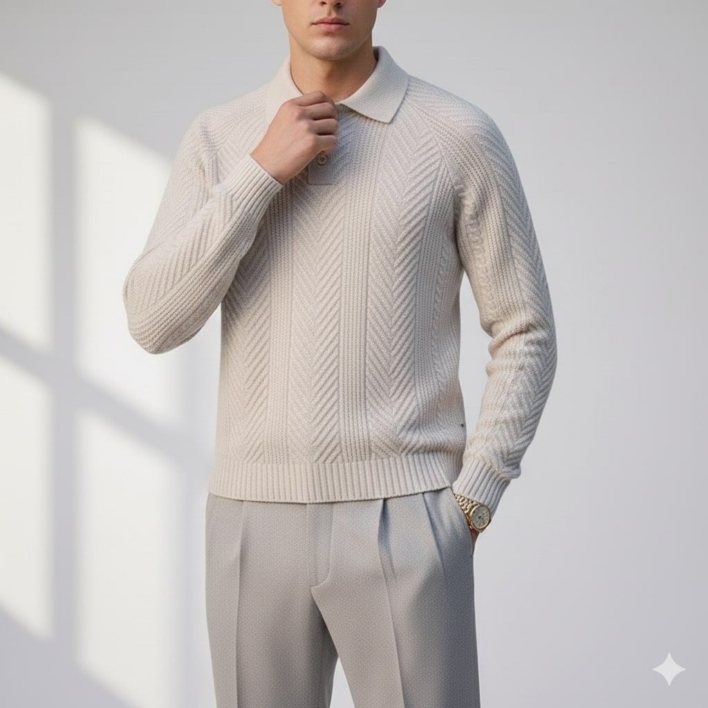 Darwin Men’s Knit Polo Sweater – Wool-Blend Cable Knit Pullover