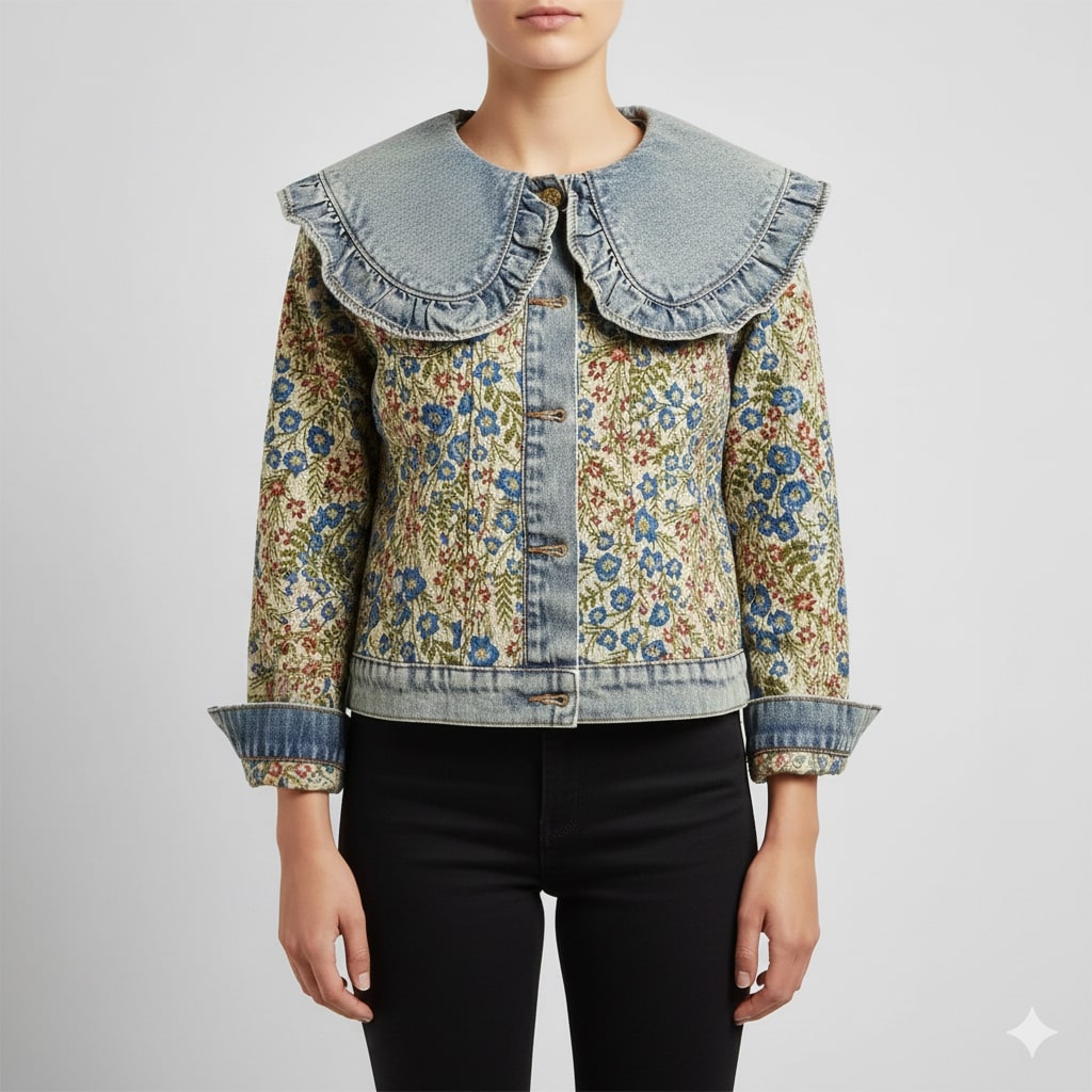 Maribel Women’s Jacquard Denim Jacket – Floral Textured Lightweight Cropped Jacket