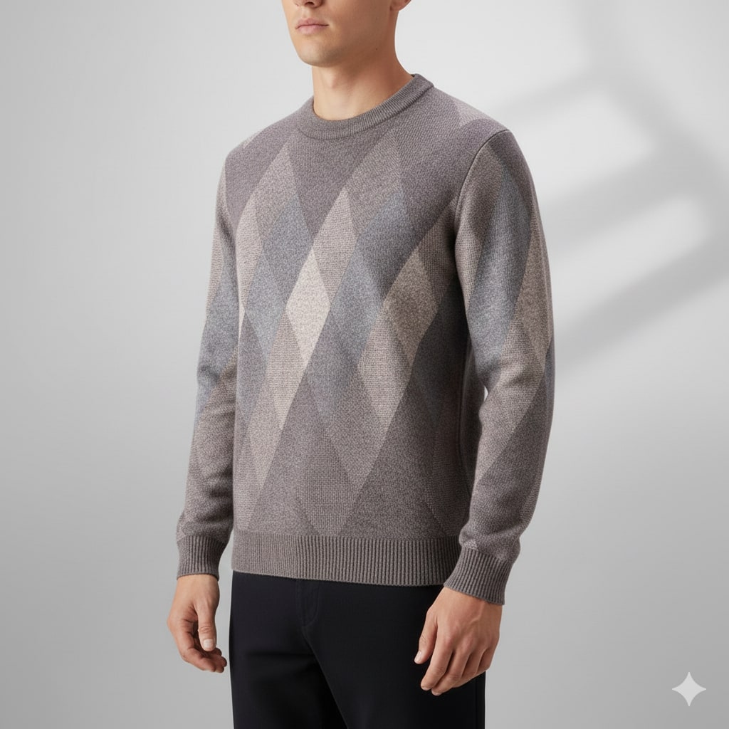 Esteban Men’s Knit Sweater – Wool-Blend Argyle Crewneck Jumper
