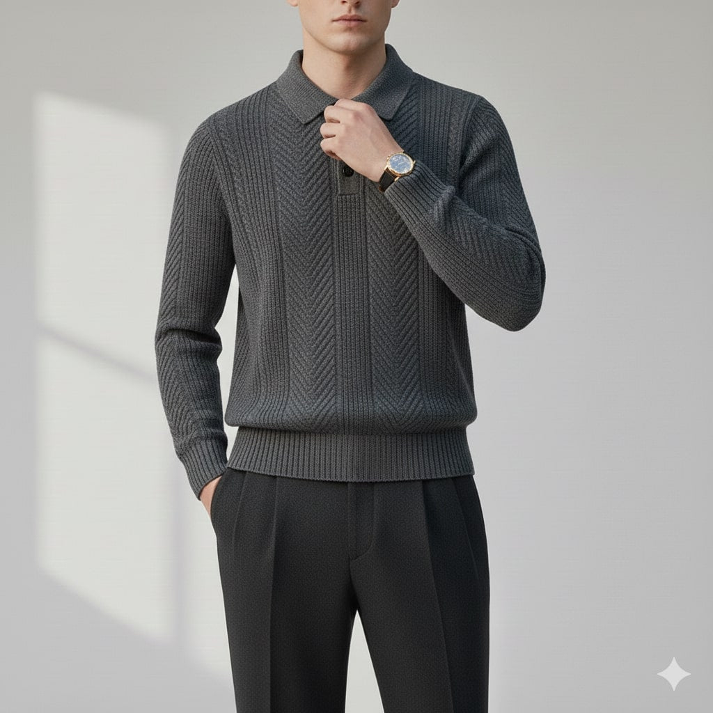 Darwin Men’s Knit Polo Sweater – Wool-Blend Cable Knit Pullover
