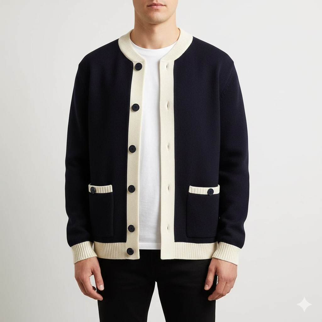 Holand Men’s Cardigan – Two-Tone Button Placket Knitted Cardigan