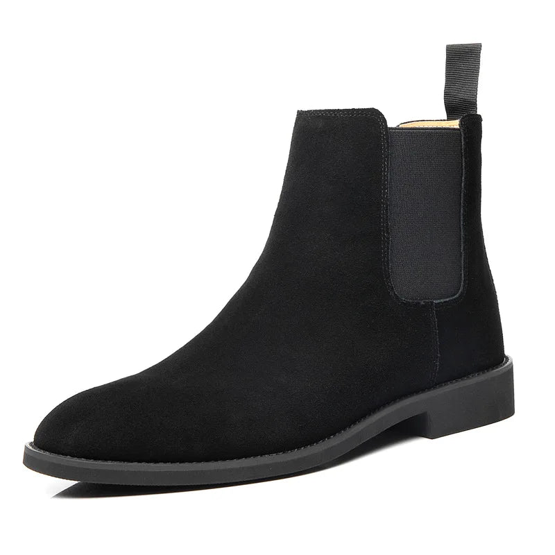 Single black Suede Chelsea boot with an elastic side panel, rear pull tab, and low-profile sole.