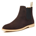 Single dark brown Suede Chelsea boot with an elastic side panel, rear pull tab, and light-colored sole.