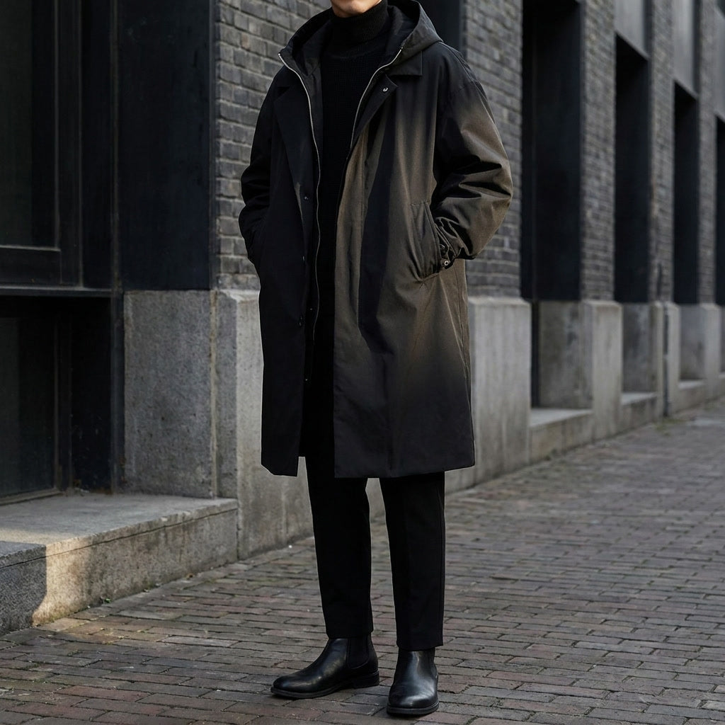 A man wearing a black hooded tailored overcoat with a water-resistant shell and longline fit, walking outdoors