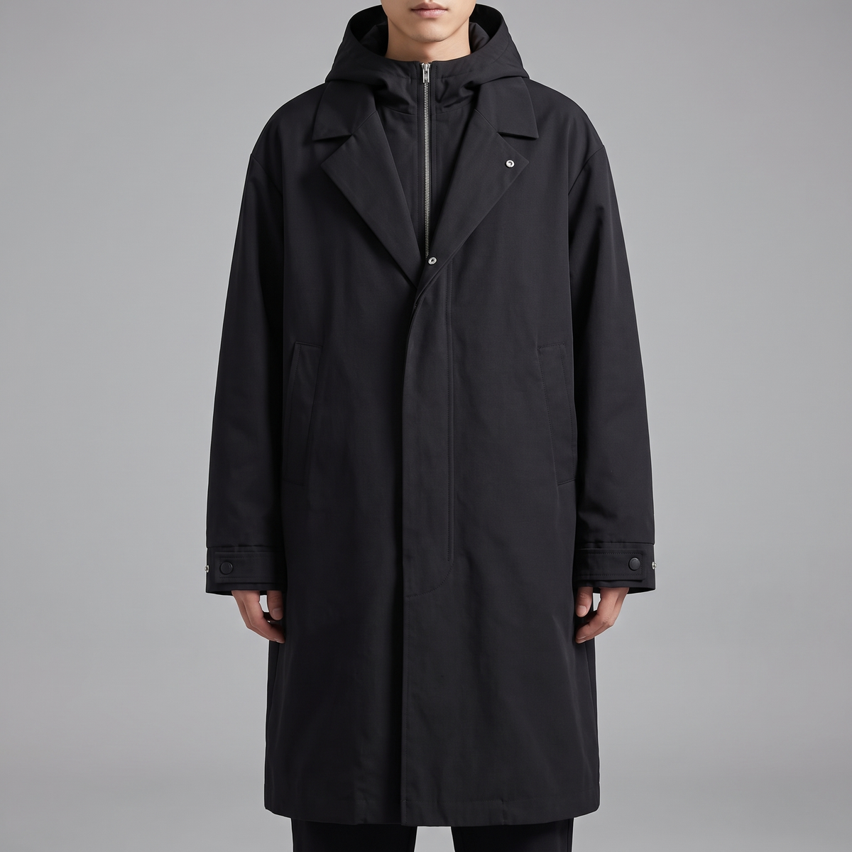 A man wearing a black hooded tailored overcoat with a longline fit, front view