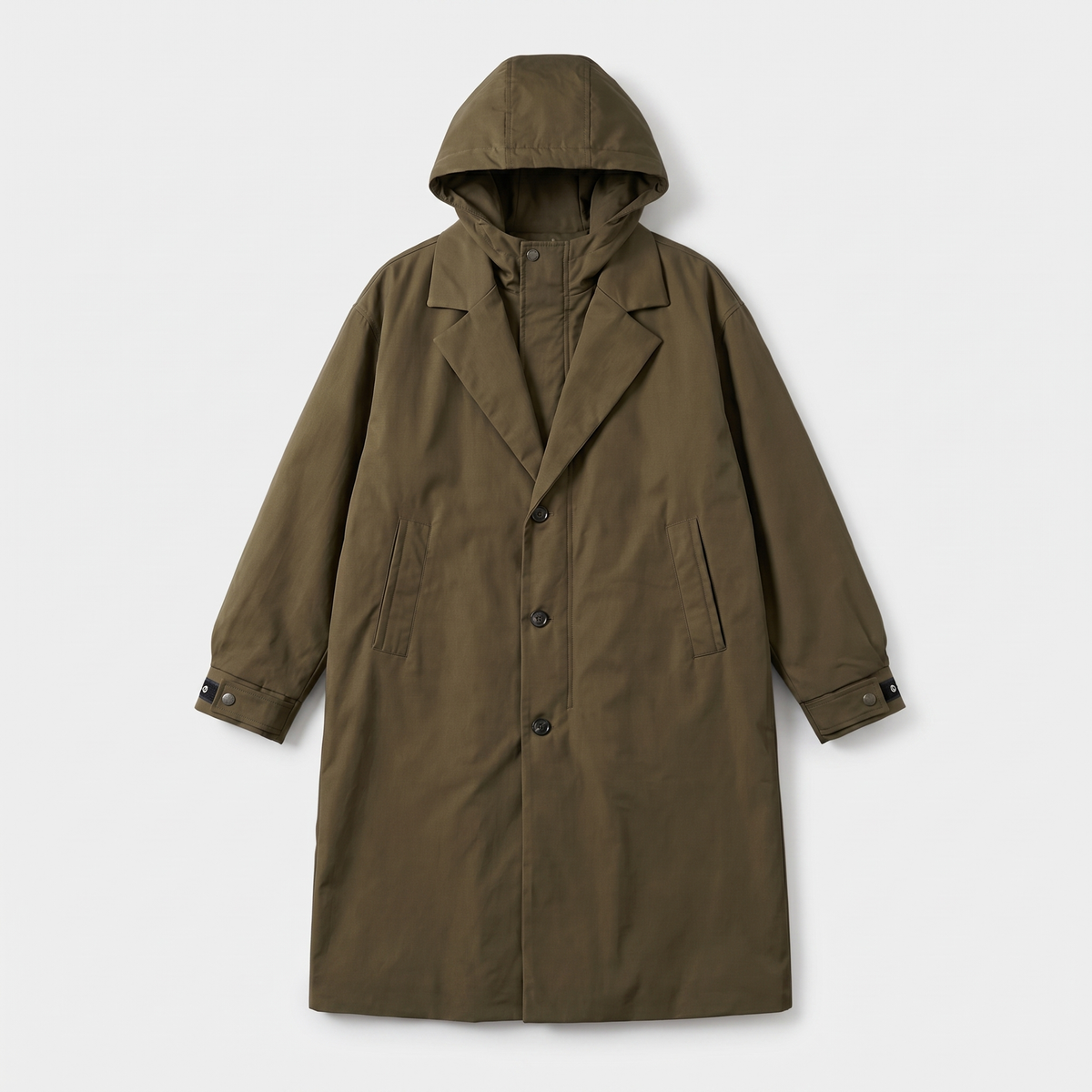 A khaki hooded tailored overcoat with a water-resistant shell and longline fit, shown flat