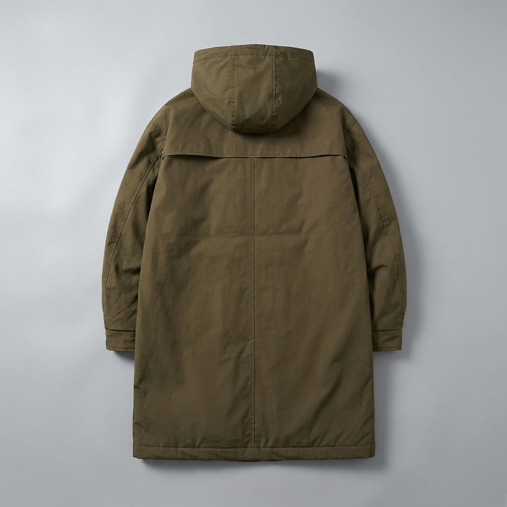 A khaki hooded tailored overcoat with a longline fit, shown from the back