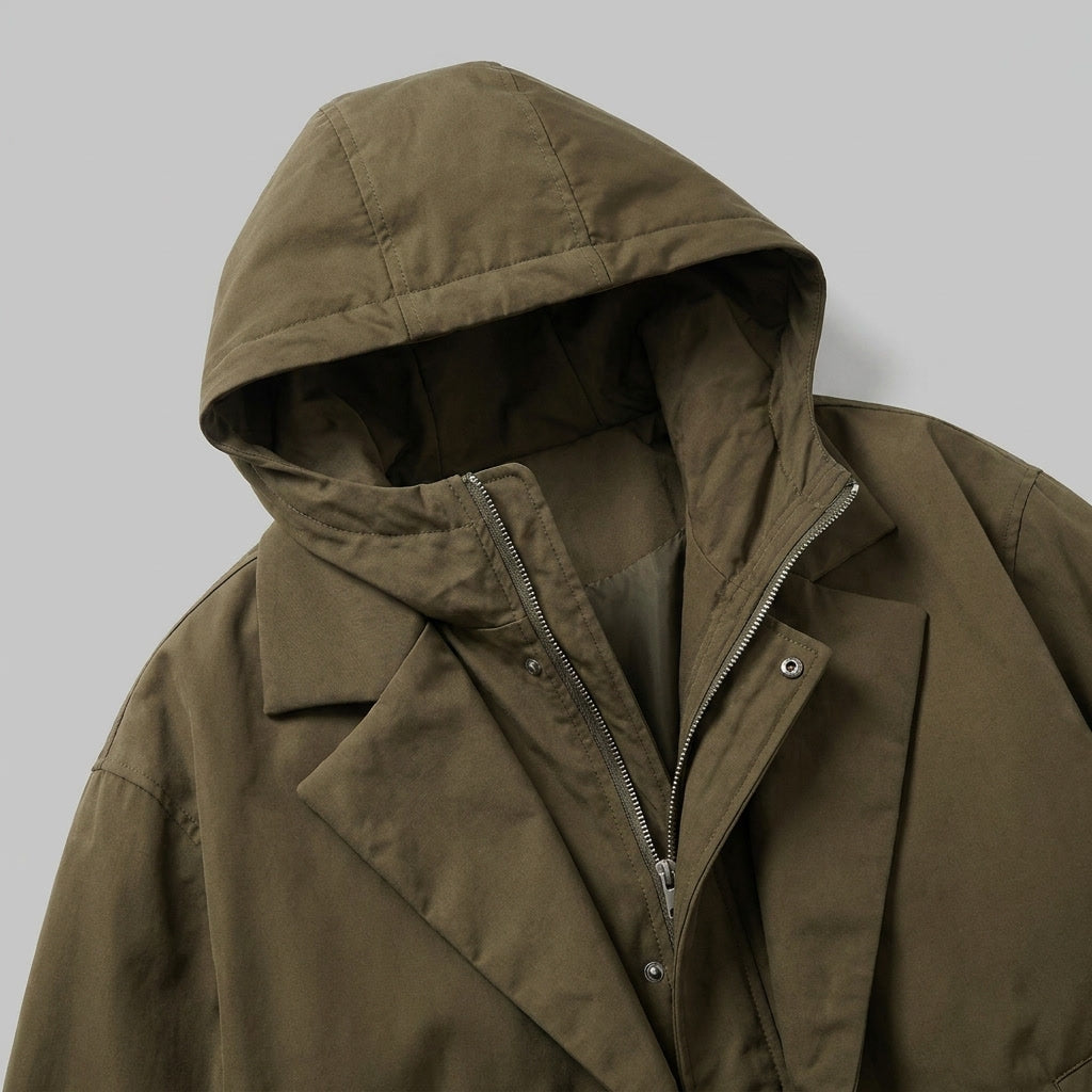 Close-up of a khaki hooded tailored overcoat showing the hood and textured inner lining