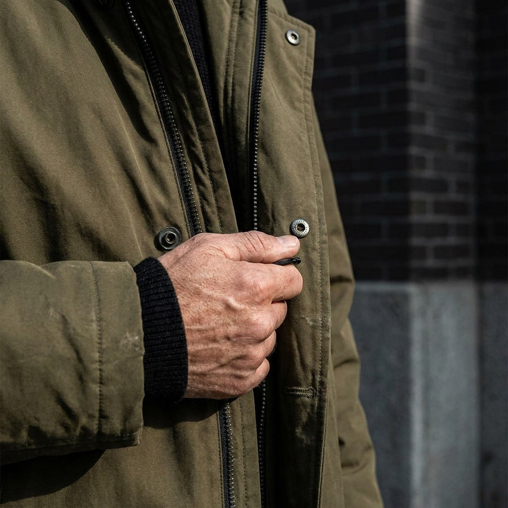 Close-up of a khaki hooded tailored overcoat showing the front closure and water-resistant shell