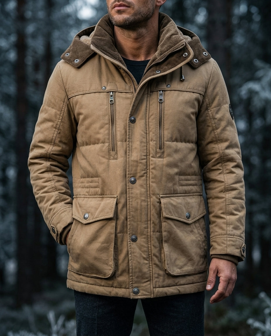 Light Brown insulated hooded winter jacket with sherpa-lined hood and cargo pockets