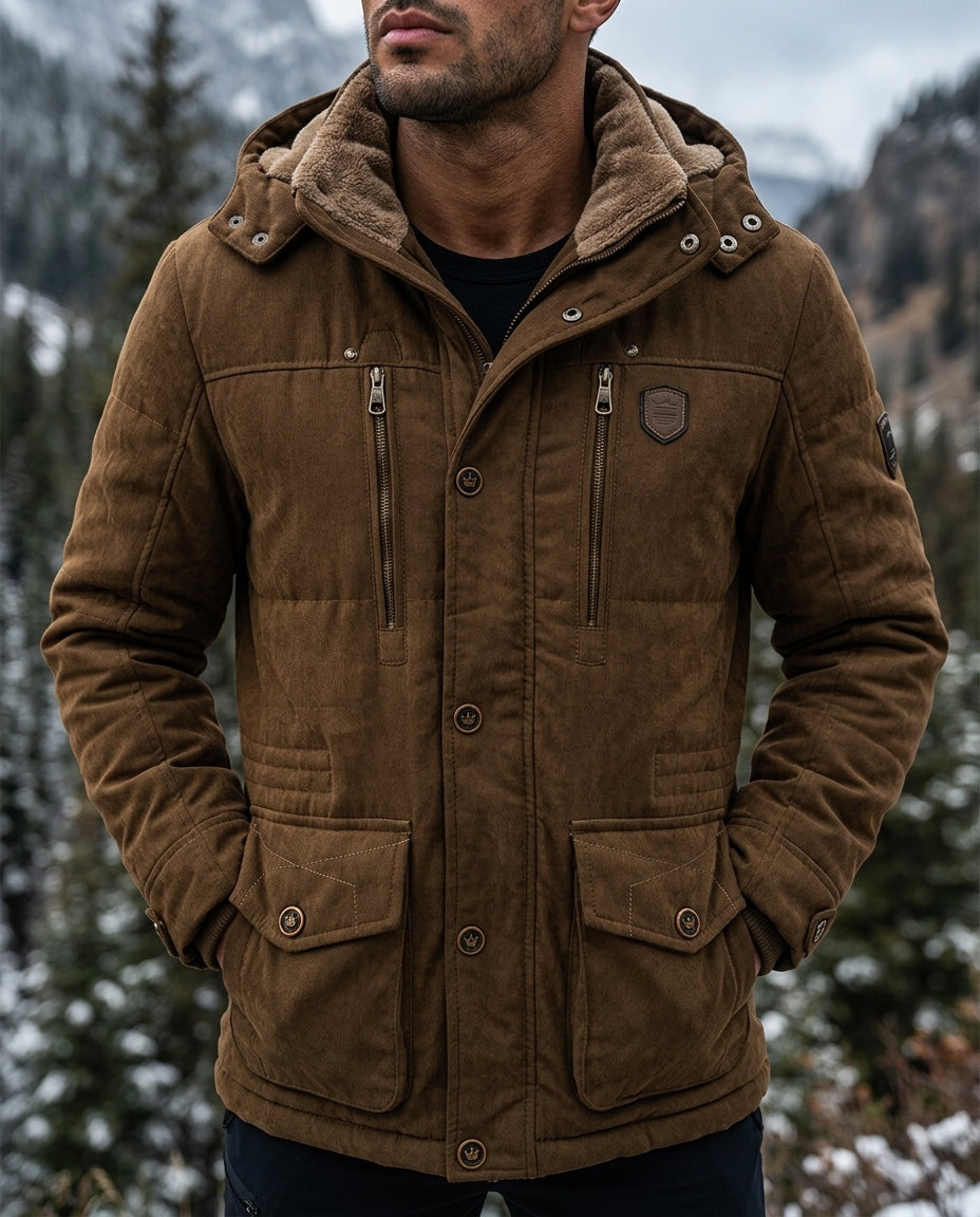 Brown insulated hooded winter jacket with sherpa-lined hood and cargo pockets