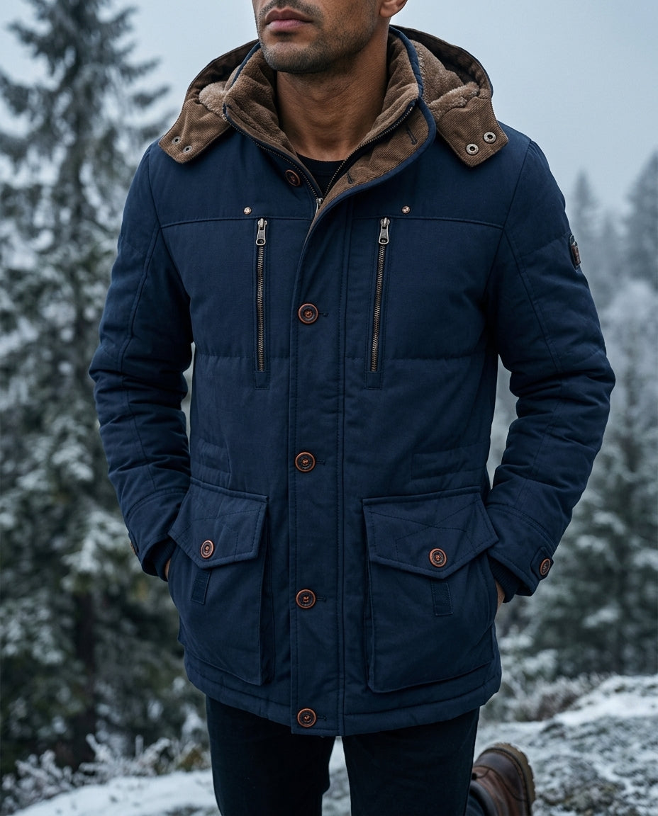Navy insulated hooded winter jacket with sherpa-lined hood and cargo pockets
