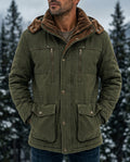 Green insulated hooded winter jacket with sherpa-lined hood and cargo pockets