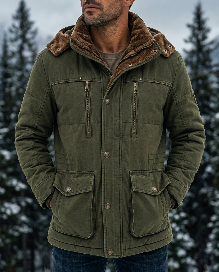 Green insulated hooded winter jacket with sherpa-lined hood and cargo pockets