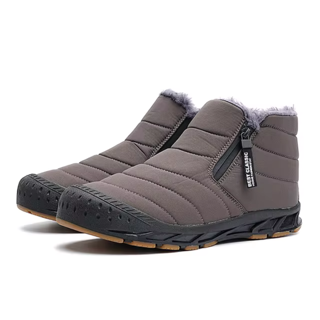 Dark brown insulated snow boots with side zip entry, plush lining, and slip-resistant sole