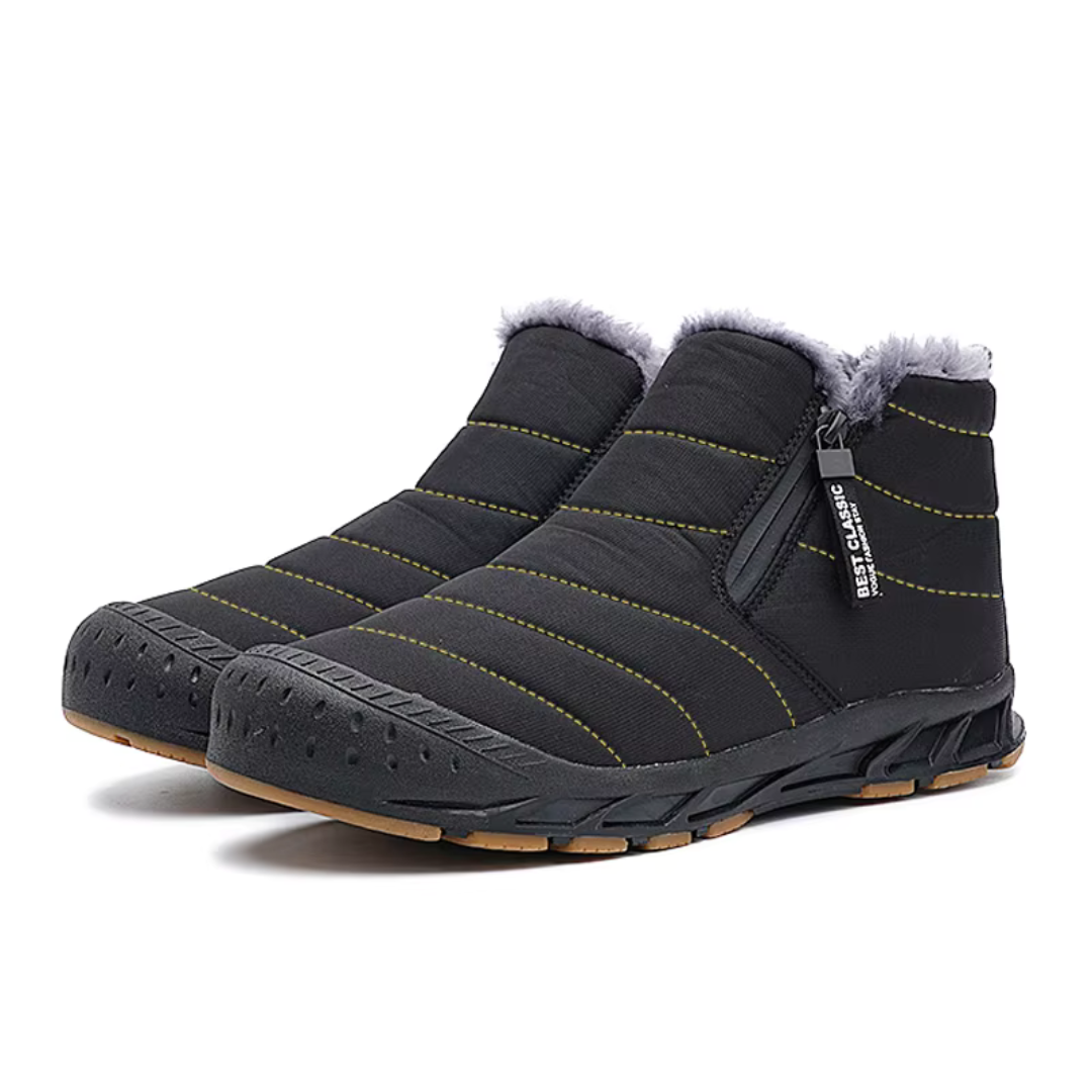 Black insulated snow boots with side zip entry, plush lining, and slip-resistant sole