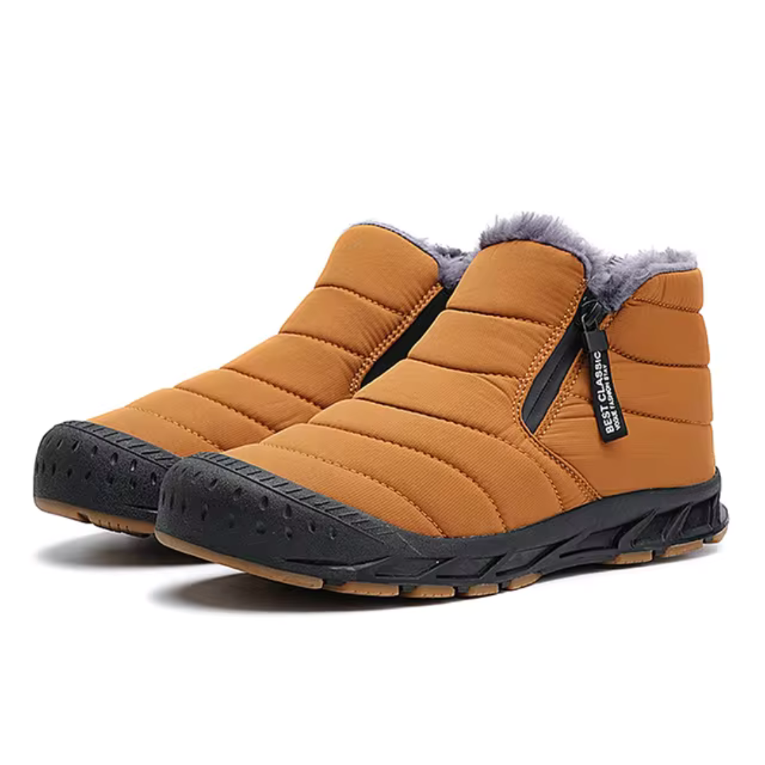 Tan insulated snow boots with side zip entry, plush lining, and slip-resistant sole
