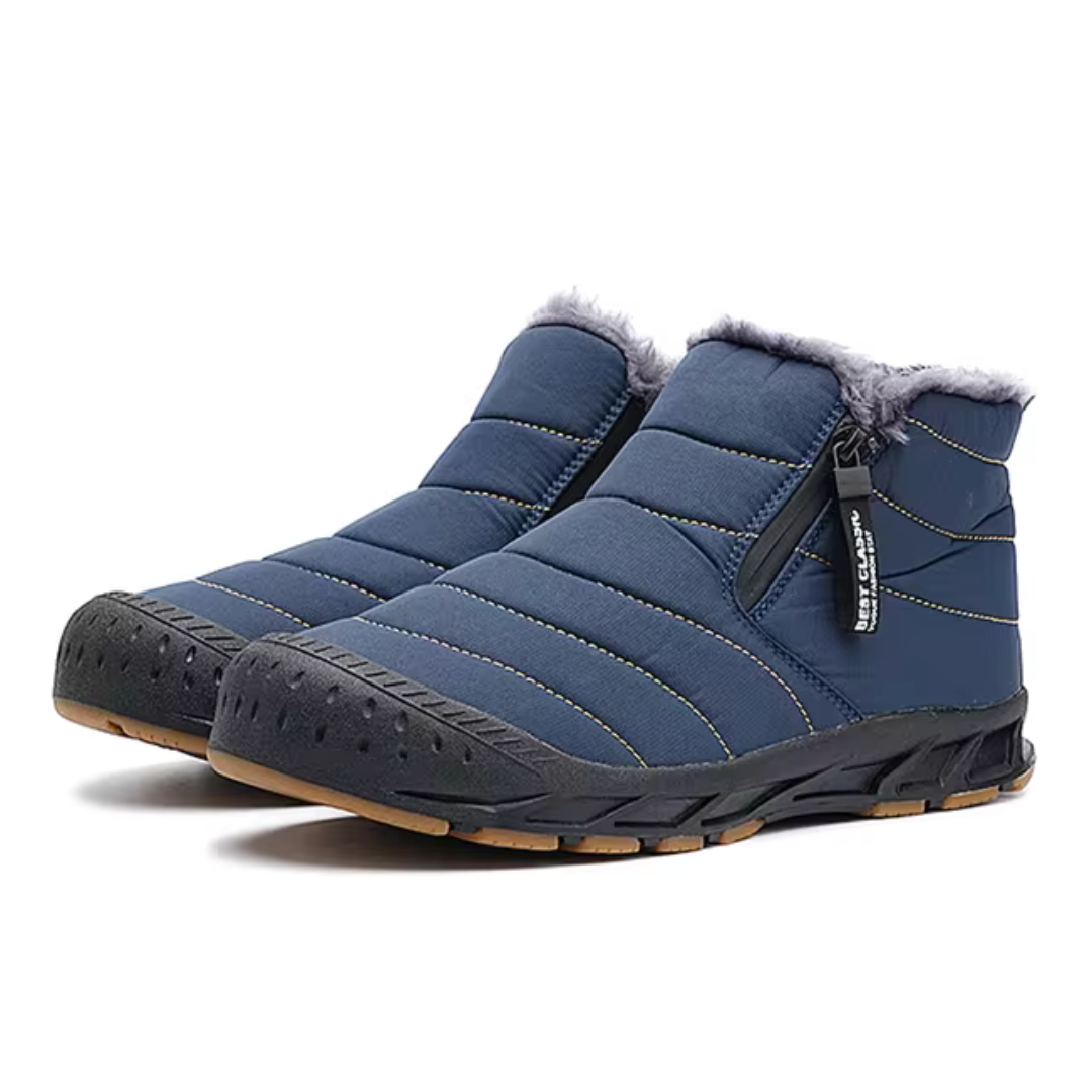 Blue insulated snow boots with side zip entry, plush lining, and slip-resistant sole