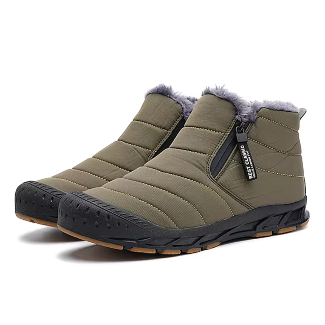 Olive green insulated snow boots with side zip entry, plush lining, and slip-resistant sole