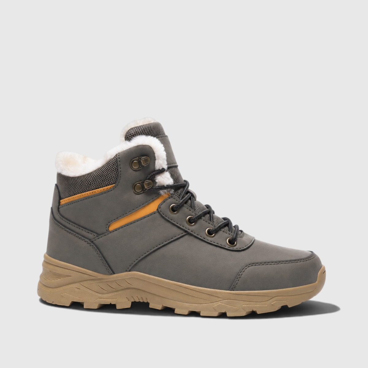 A gray insulated winter hiker boot with a plush-lined collar, lace-up design, and rugged sole