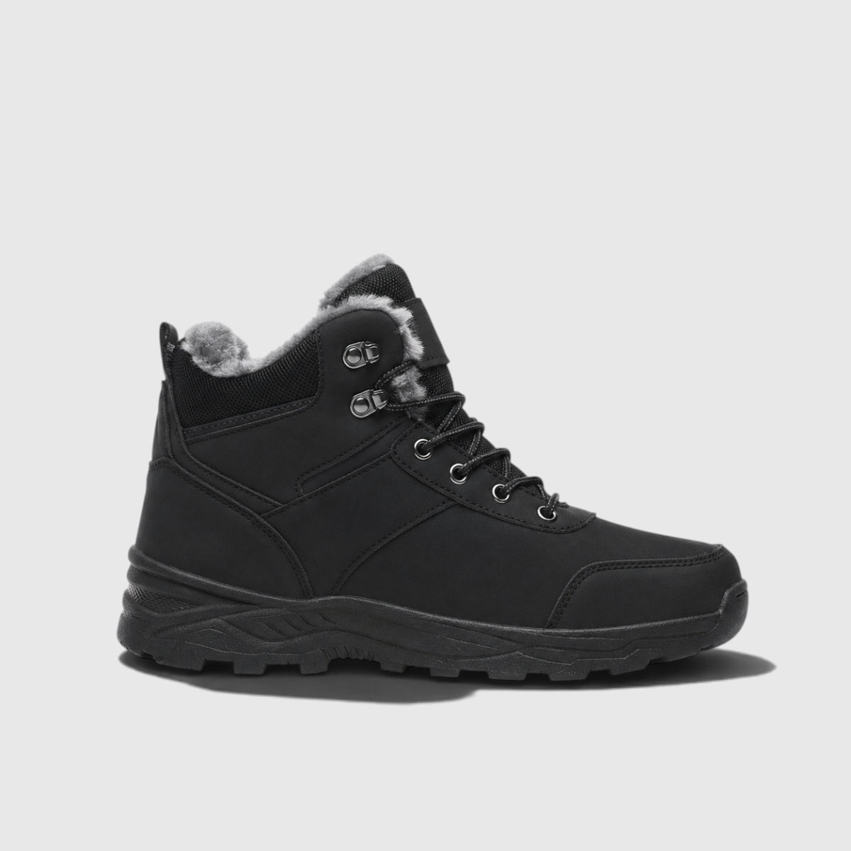 A black insulated winter hiker boot with a plush-lined collar, lace-up design, and rugged sole