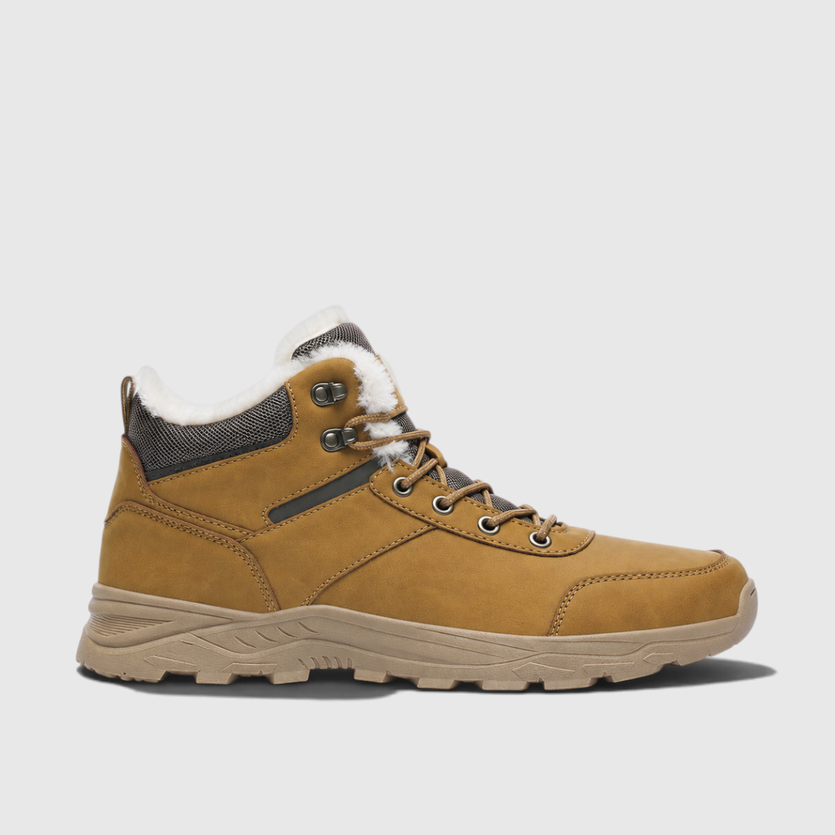 A brown insulated winter hiker boot with a plush-lined collar, lace-up design, and rugged sole